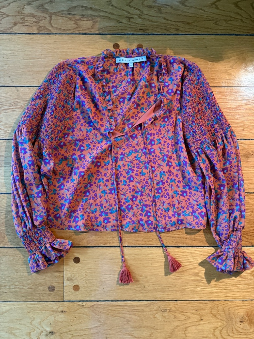 Rebecca Minkoff Orange & Purple Floral Tie-Front Ruffle Blouse